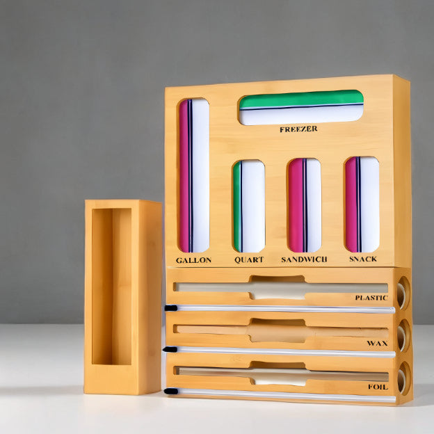Keaton Reserve Bamboo Storage Bag Organizer, with Foil, Wax, and Plastic Wrap cutter, 9 in 1.