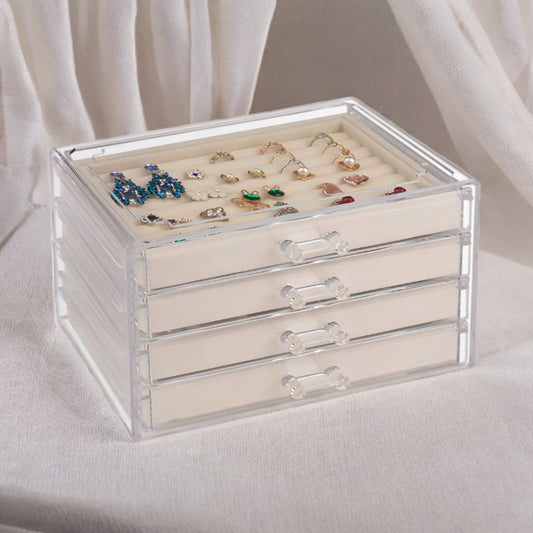 Keaton Reserve Jewelry Organizer- Acrylic. Multilevel with Fabric lined Drawer Inserts.